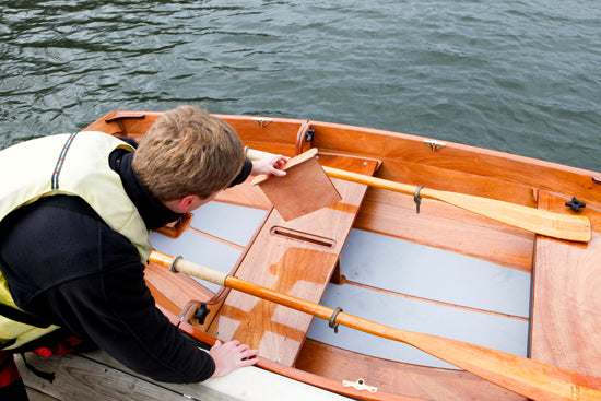 Before beaching the Eastport Nesting Pram, remove the daggerboard and replace it the daggerboard plug.