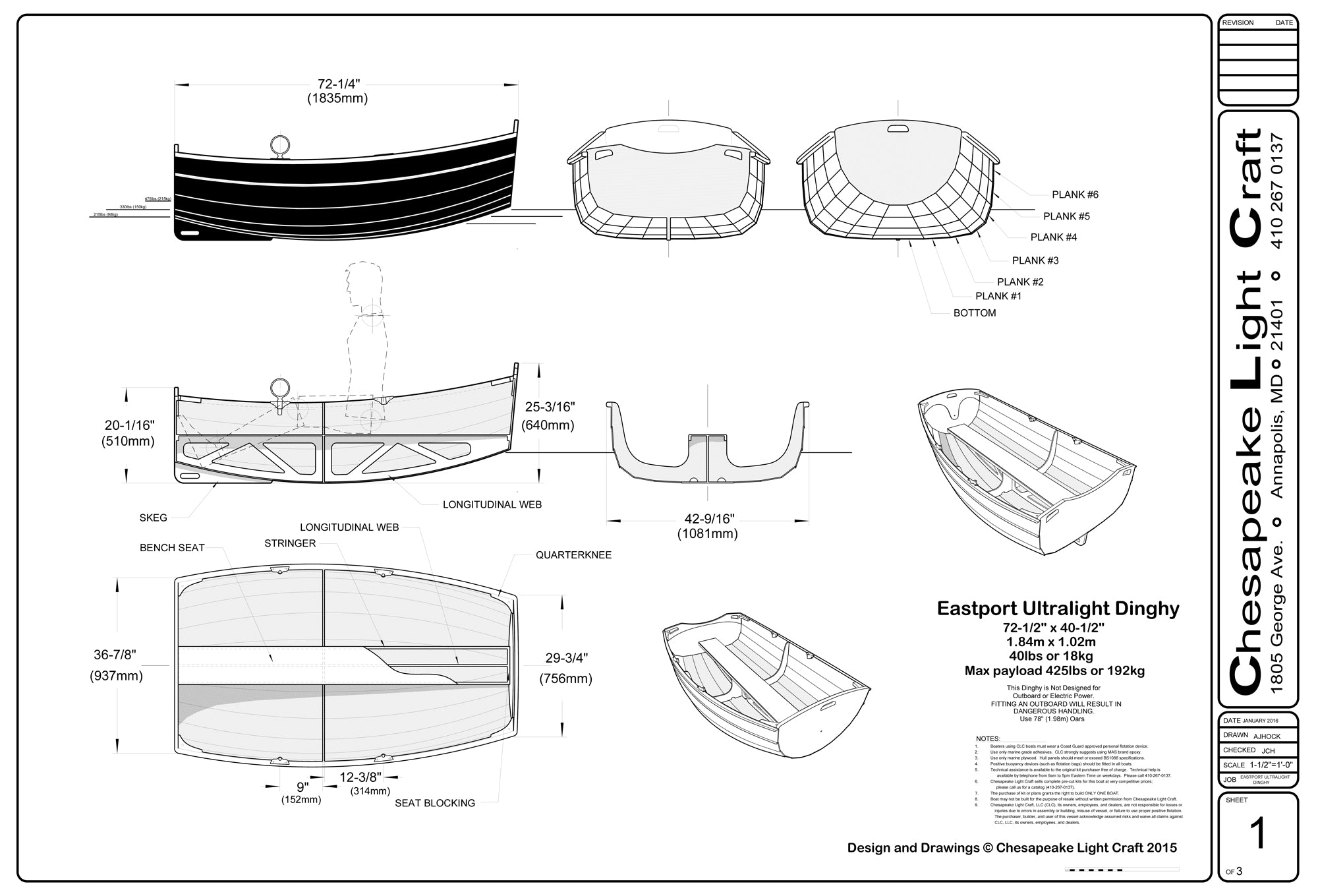 Eastport Ultralight Dinghy Plans drawing page 1