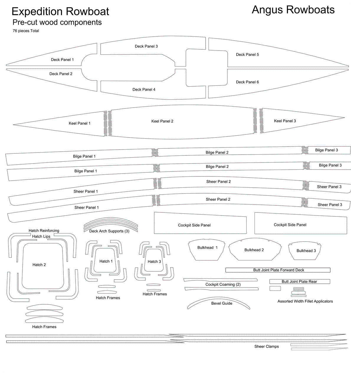 Expedition Rowboat wood components, illustrated.