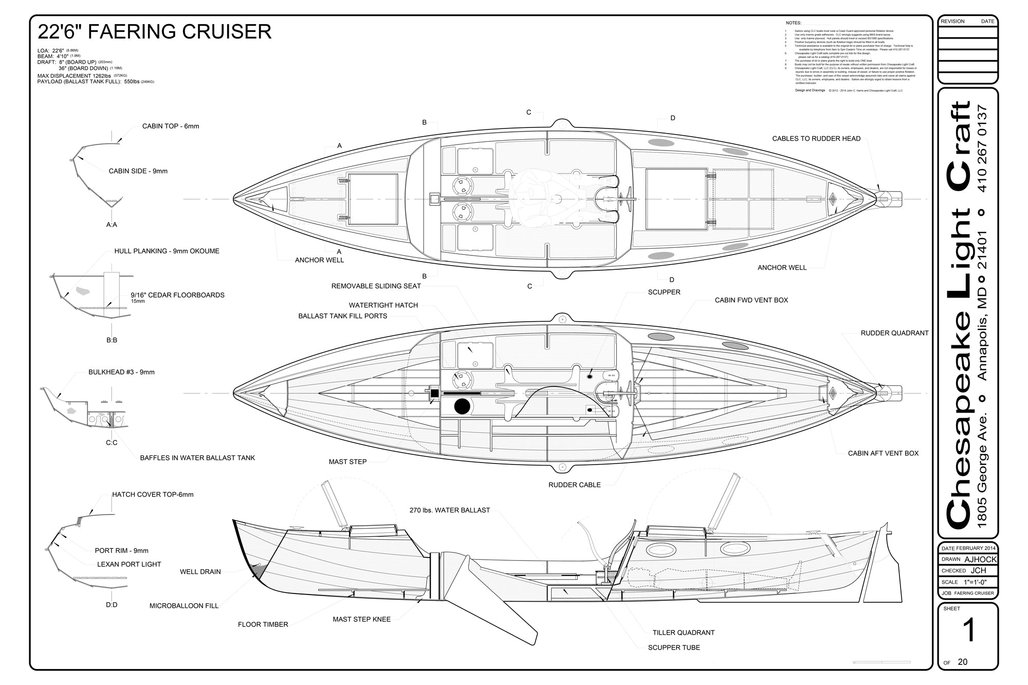 The first page of the Faering Coastal Cruiser Plans set shows sections and general layout.