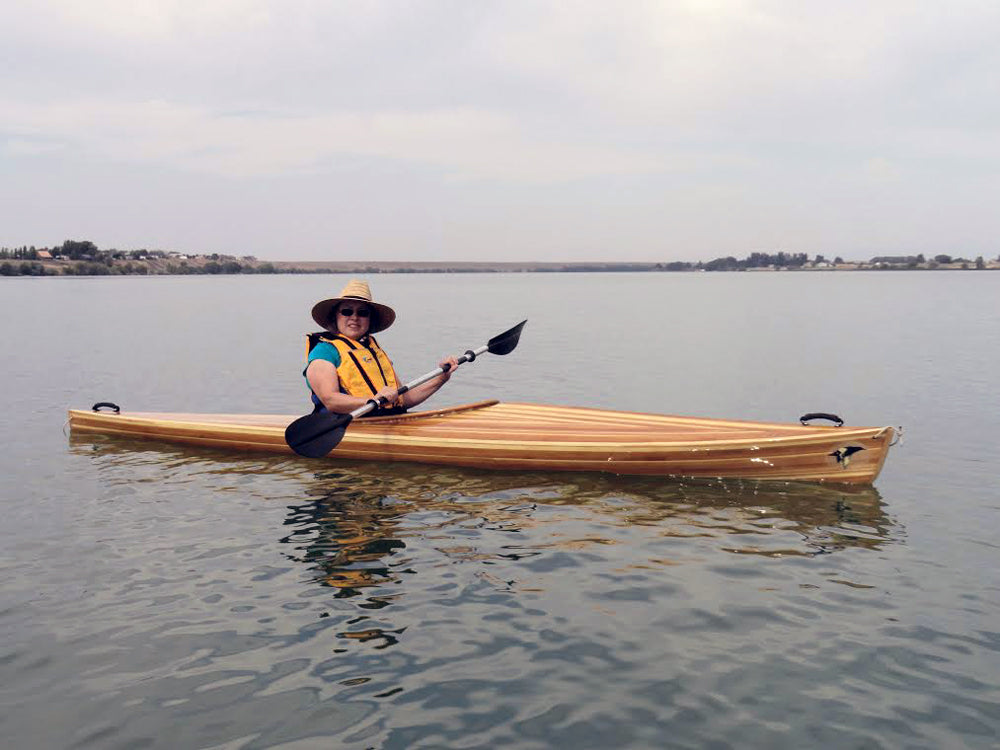 Paddling a Great Auk 14 sea kayak built by Fred D. on Moses Lake in Washington State.