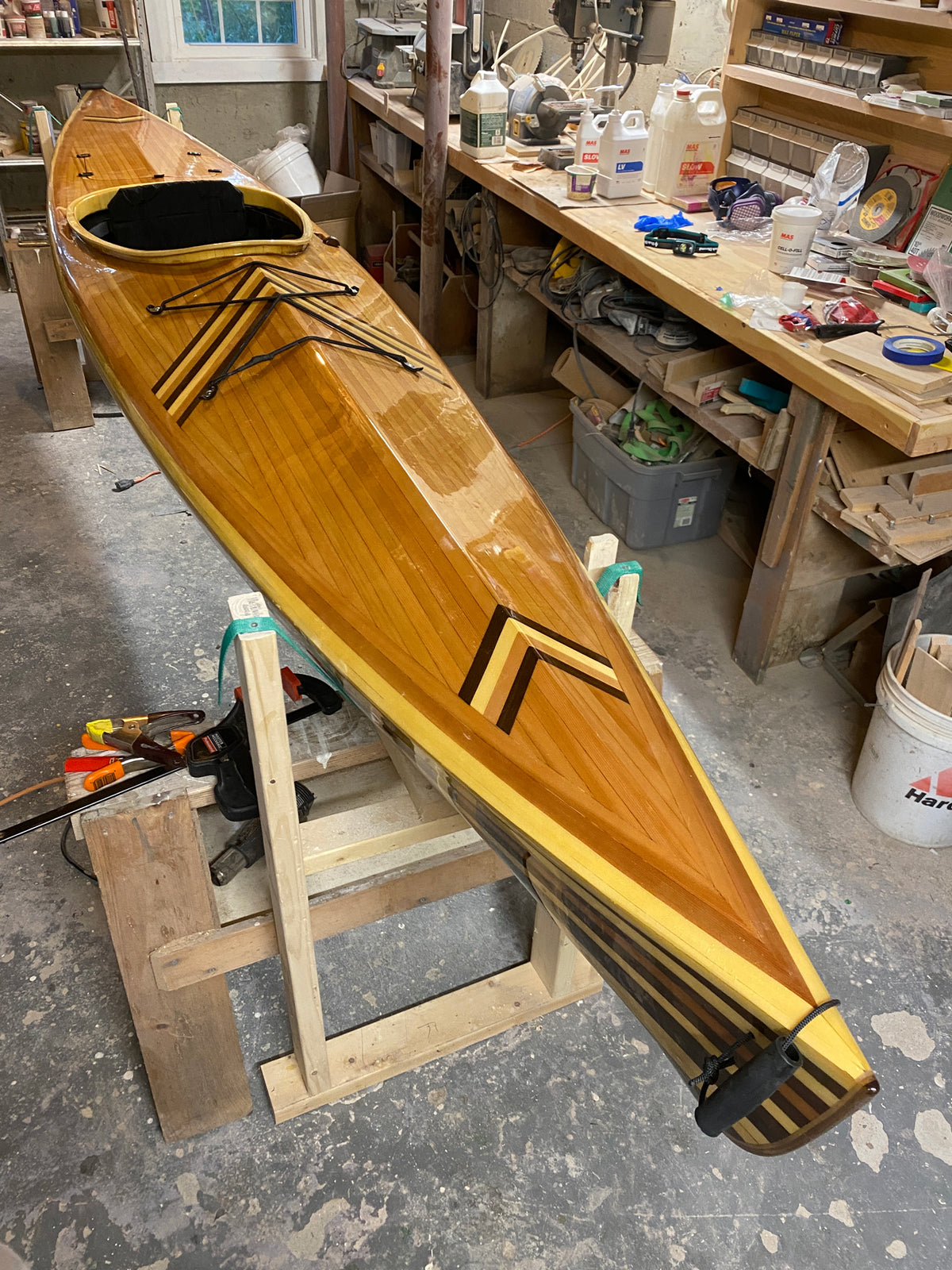 Custom details on a Great Auk 14 in the workshop of James R. of Woolwich, Maine.