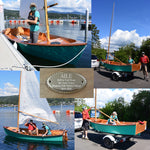 Customer build Jimmy Skiff, 5 photos, teal hull sides, varnished transom and interior.  Thumbnail