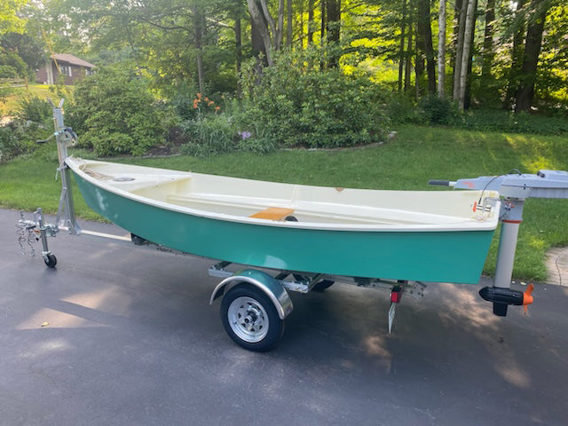 CLC Jimmy Skiff with electric outboard, on a Trailex trailer. 