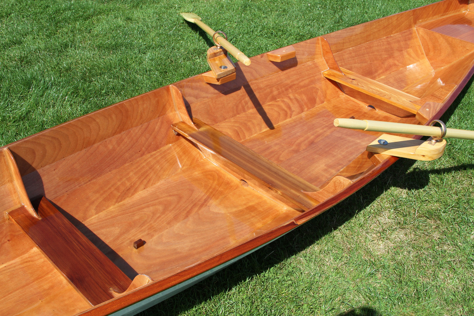 Angus Oxford Wherry interior showing the fixed seat rowing setup