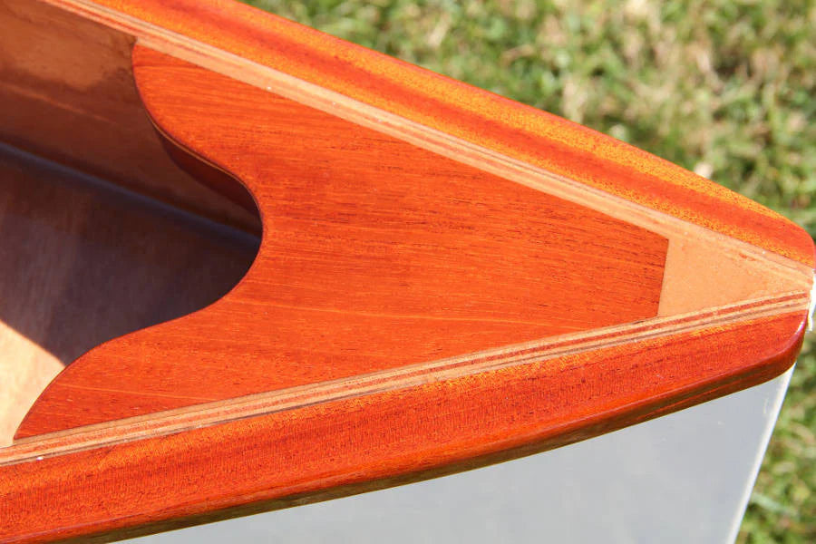 Angus Oxford Wherry mahogany bow closeup