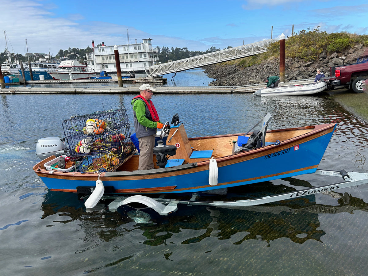 Peeler Skiff, "Styx" built by Dennis P, seen here at launching.