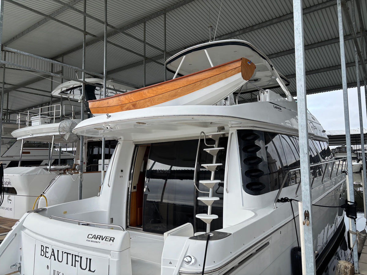 Passagemaker Dinghy built by Chris N, seen stowed on deck for use as his tender