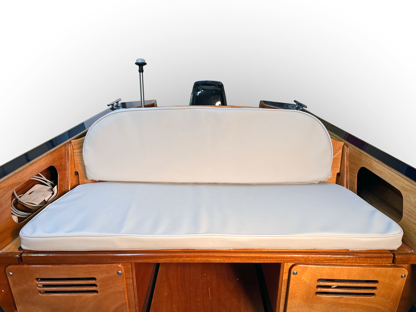 Rhode Runner aft bench cushion, crafted from Silver outdoor vinyl.