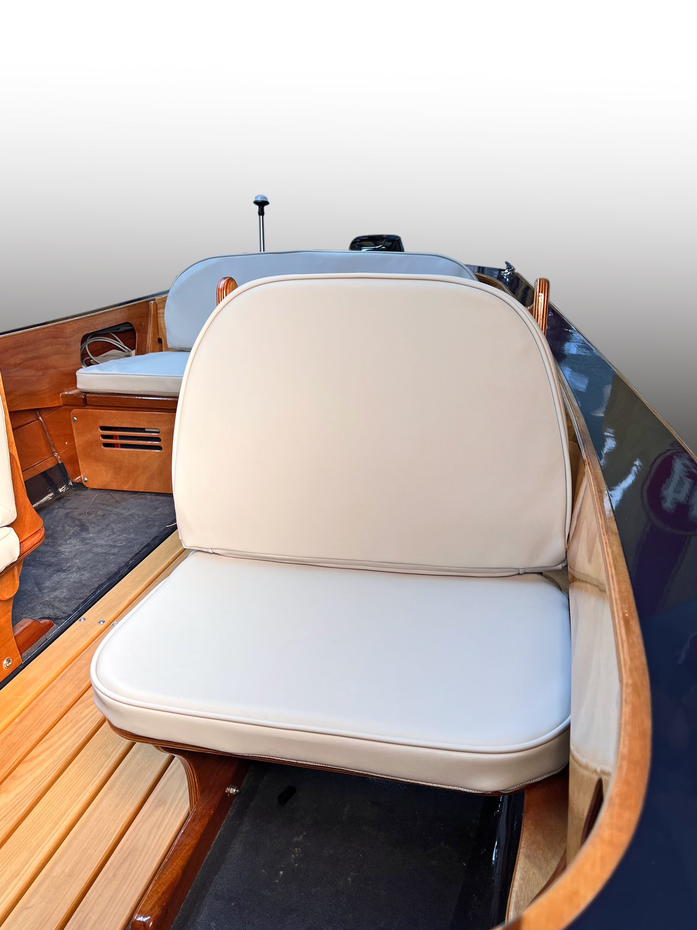 Rhode Runner passenger cushion crafted from Silver outdoor vinyl.