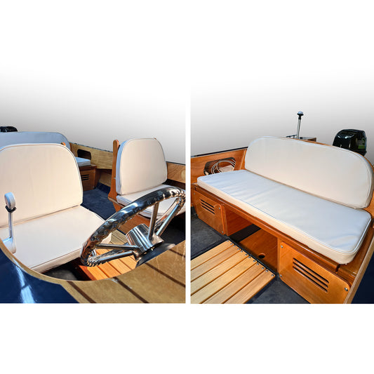 Rhode Runner seat cushions; captain, passenger, and aft bench crafted from Silver outdoor vinyl.