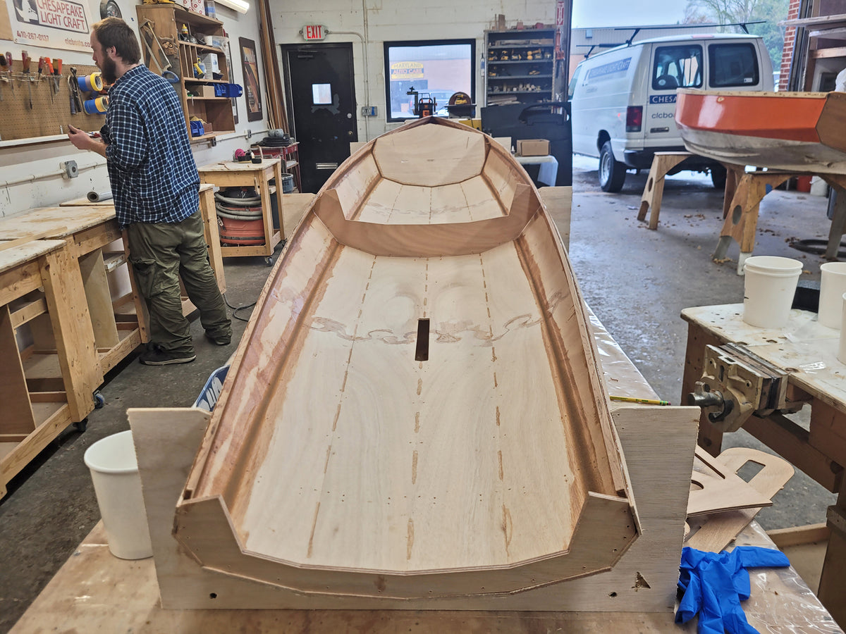 Surge Coastal Rower hull filleted and ready for fiberglass