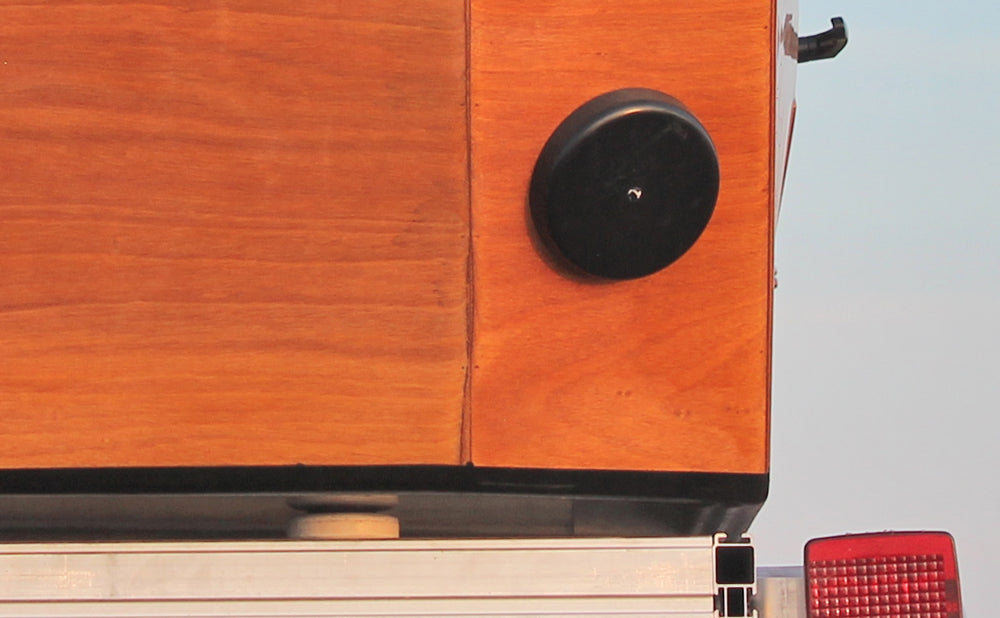 This mushroom vent on the back right side of the CLC Teardrop Camper is one of four that have been installed. 