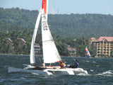 Sailors enjoying a stiff breeze on a w17 Trimaran designed by Mike Waters