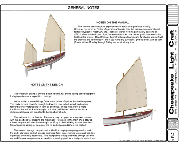 Page 2 of the Plans Set for the Waterlust Sailing Canoe shows two rig configurations.
