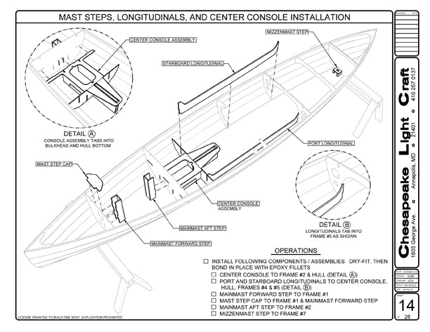 Installing the mast step, longitudinals, and the center console on the Waterlust Sailing Canoe.